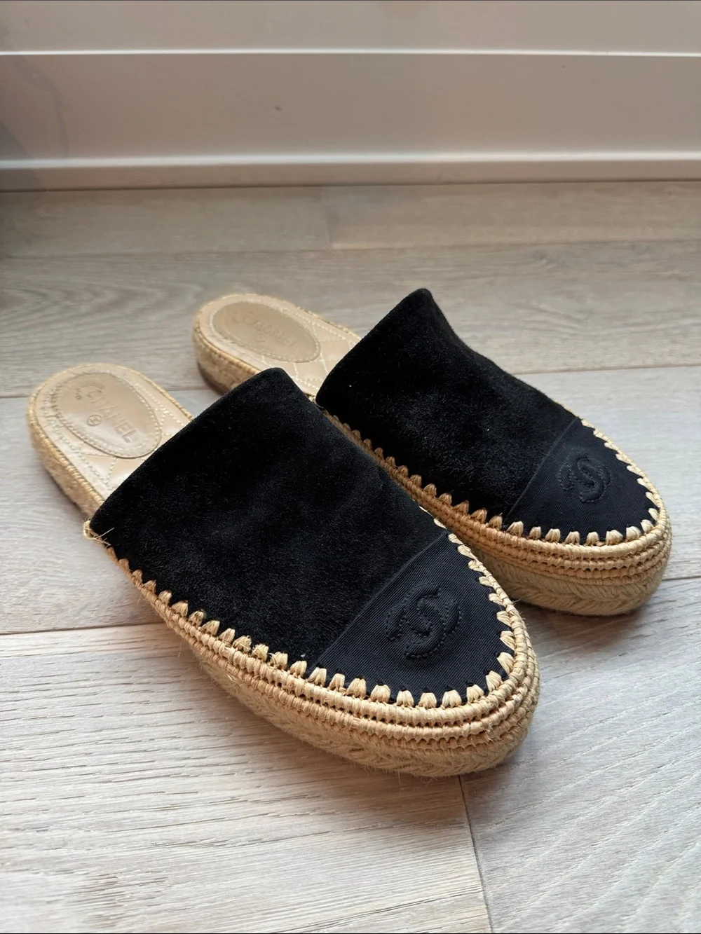 Chanel Black Suede Espadrille Mules - Luxury Slip-On EU42